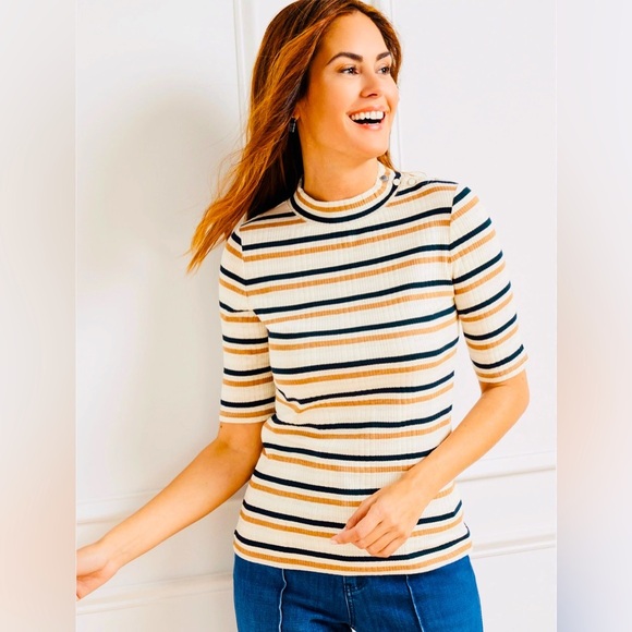 Talbots Cream and Black Striped Short Sleeve Top - Picture 1 of 5